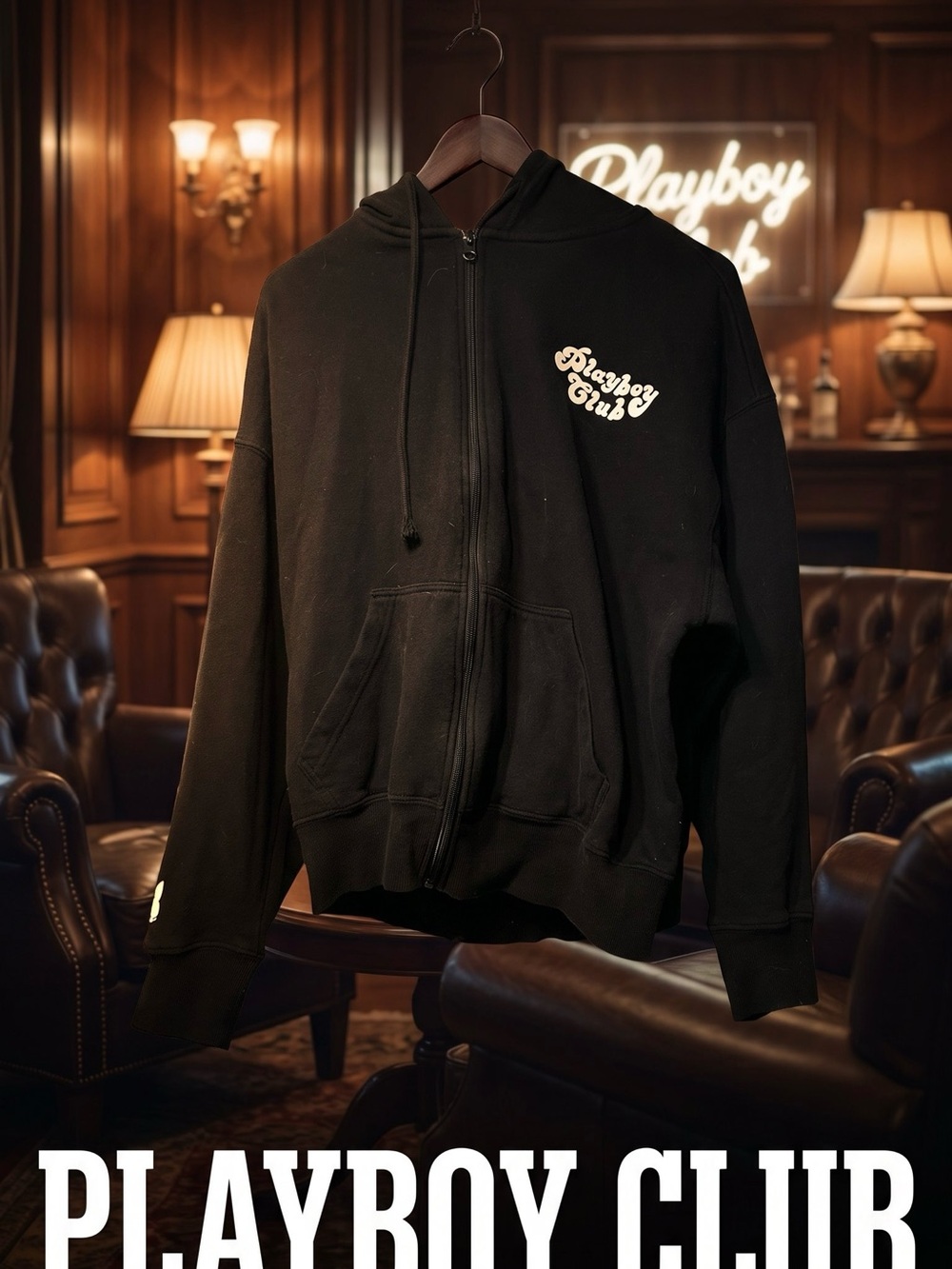 PLAYBOY Black Zip-Up Hoodie with White Logo - Men